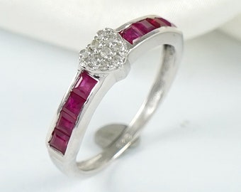 Ruby Diamond Love Ring, Diamond Wedding Band Ring, Rhodium Over Silver, July Birthstone Ring, Precious Stone Ring, Half Eternity Band Ring