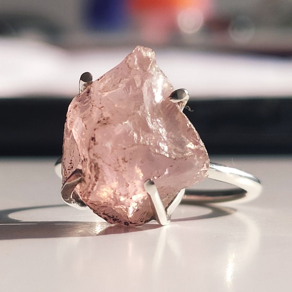 Raw Rose Quartz Ring, Solid Sterling Silver 925, Natural Rough Stone Ring, Rose Quartz Crystal, Gift Idea For Girls, Birthstone Jewelry
