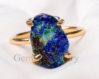 Raw Azurite Malachite Ring, Rose Gold Plated Ring, Uncut Rough Ring, Raw Stone Jewelry, Statement Ring, Raw Crystal Ring, Birthstone Jewelry
