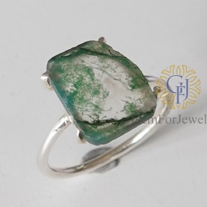 Moss Agate Ring, Moss Agate Slice Jewelry, Raw Stone Ring, Uncut Rough Crystal Ring, Moss Agate Jewelry, Birthday Gift, Gifts For Her