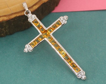Citrine Quartz Cross Necklace, Citrine Christian Pendant, November Birthstone, Gift For Family, Religious Necklace, Christening  Necklace