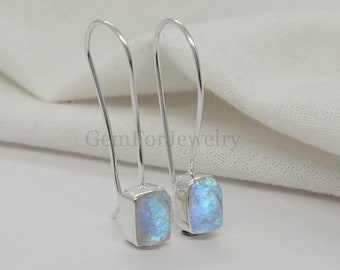 Boucle d'oreille en pierre de lune brute, boucle d'oreille en argent faite main, boucle d'oreille pendante, pierre de lune de feu bleu, bijoux en pierre de lune brute, pierre de naissance de juillet, cadeau pour elle