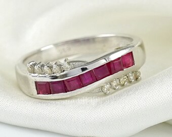 Ruby Diamond Silver Ring, Ruby Wedding Band Ring, Rhodium Over Silver, July Birthstone Ring, Precious Stone Ring, Eternity Ring, Gift Ring