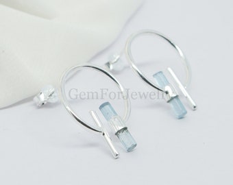 Raw Aquamarine Stud Earrings, Natural Aquamarine Jewelry, Stone+Stick Earrings, Raw Aquamarine Earrings, Silver Stud Earrings, Gift