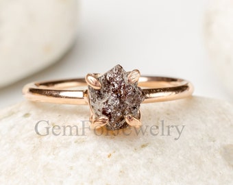 Raw Black Diamond Ring, Rose Gold Plated Ring, Uncut Diamond Ring, Diamond Engagement Ring, Silver Handmade Ring, April Birthstone, Gift