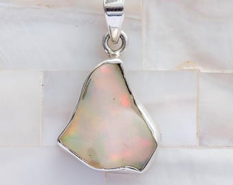 Raw Fire Opal Pendant, Ethiopian Opal Pendant Sterling Silver, Uncut Polished Opal, October Birthstone, Handmade Jewelry, Gift For Her