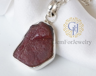 Raw Ruby Necklace Pendant, Rough Stone Pendant, July Birthstone Jewelry, Silver Handmade Jewelry, Raw Crystal Pendant, Summer Jewelry