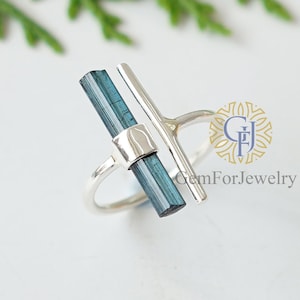 Indicolite Tourmaline Pencil Ring, Raw Tourmaline Stick Ring, Aquamarine Bar Ring, Adjustable Ring, October Birthstone Ring, Handmade Ring