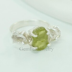 Raw Peridot Herkimer Diamond Ring, Engagement Ring, Peridot Ring Sterling Silver, August Birthstone, Handmade Gemstone Ring, Birthday Gift