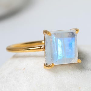 Moonstone Gold Ring, 14K Gold Plated Ring, Handmade Crystal Jewelry, Blue Moonstone Ring, Engagement Ring, June Birthstone, Gift For Her