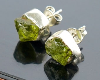 Raw Peridot Gemstone Earrings, Natural Crystal Stud Earrings, One Of a Kind Earrings, Raw Stone Earrings, Rough Silver Earring, Gift For Her
