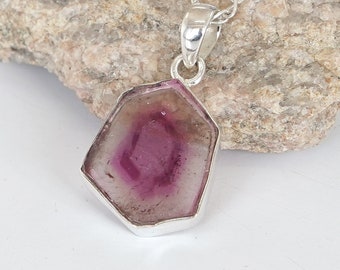 Watermelon Tourmaline Pendant, Bio Tourmaline Slice, Pink Green Tourmaline Pendant, October Birthstone Jewelry, Silver Handmade Jewelry