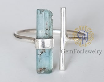 Raw Aquamarine Bar Ring, Adjustable Aqua Silver Stick Ring, March Birthstone Jewelry, Aquamarine Stick, Silver Handmade Ring, Birthday Gift