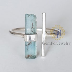 Anello da barra acquamarina grezza, anello bastoncino d'argento acqua regolabile, gioielli in pietra portafortuna di marzo, bastone acquamarina, anello fatto a mano in argento, regalo di compleanno