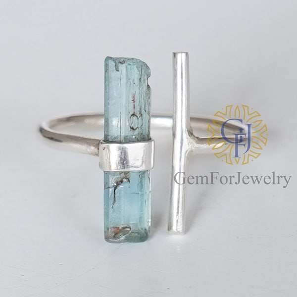 Anello da barra acquamarina grezza, anello bastoncino d'argento acqua regolabile, gioielli in pietra portafortuna di marzo, bastone acquamarina, anello fatto a mano in argento, regalo di compleanno