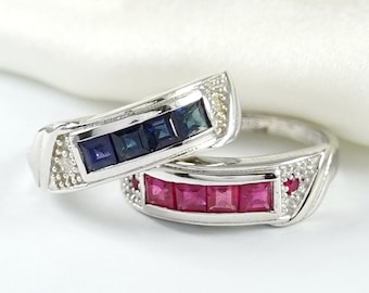 Diamant Saphir Ring, Rubin Ehering, Blauer Saphir Silber Ring, Geburtsstein Ring, Edelstein Ring, Eternity Band,