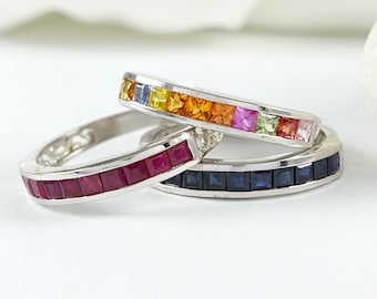Natürlicher Saphir Ring Stapelring, Rubin Ehering, Blau Multi Saphir Ring, 925 Silber Geburtsstein Ring, Eternity Band