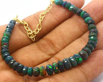 Ethiopian Black Opal Bracelet, Opal Gold Plated Silver Bracelet, Faceted Opal Beads Bracelet, October Birthstone Jewelry, Natural Fire Opal
