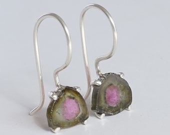 Watermelon Tourmaline Dangle Drop Earring, Pink Green Tourmaline, Polished Slice Earring, October Birthstone Jewelry, Tourmaline Jewelry