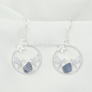 Raw Tanzanite Bird Earrings, Natural Crystal Dangle Earrings, Unique Design Earrings, Raw Stone Jewelry, December Birthstone, Gift For Her