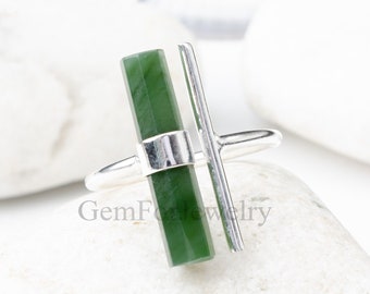 Raw Green Jade Ring, Long Bar Adjustable Ring, Jade Gemstone Ring, Raw Crystal Ring, Birthstone Jewelry, Handmade Jewelry, Gift For Mom