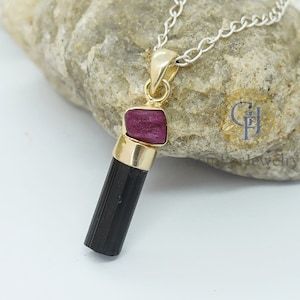Black Tourmaline Ruby Pendant, Raw Ruby Tourmaline Pendant, 14k Gold Plated Jewelry, Two Stone Pendant, Unique Pendant, Raw Gemstone Jewelry