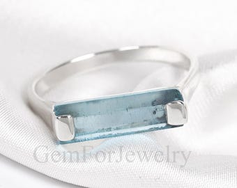 Raw Aquamarine Ring, Spiral Band Ring, Two Stone Ring, Silver Handmade Ring, Adjustable Silver Stick Ring, March Birthstone, Gift for Mom