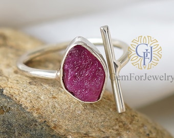 Raw Ruby Adjustable Ring, Ruby Stick Ring, Solid Sterling Silver 925, Ruby Crystal Ring, July Birthstone, Uncut Gemstone, Ruby Vintage Ring