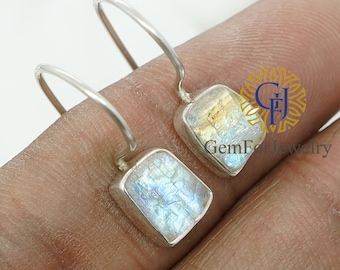 Raw Rainbow Moonstone Earring, Silver Dangle Drop Earring, Blue Fire Moonstone Crystal, June Birthstone Jewelry Gift, Raw Stone Earring