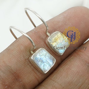 Raw Rainbow Moonstone Earring, Silver Dangle Drop Earring, Blue Fire Moonstone Crystal, June Birthstone Jewelry Gift, Raw Stone Earring