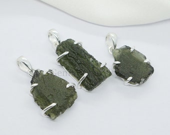 Raw Moldavite Pendant, Natural Green Moldavite, 925 Sterling Silver, Genuine Green Moldavite, Raw Stone Pendant, Rough Jewelry, Gift For Her