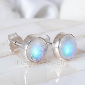 Rainbow Moonstone Stud Earrings – Sterling Silver Round Gemstone Studs – June Birthstone Jewelry – Dainty Minimalist Earrings – Gift for Her