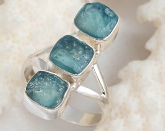 Raw Aquamarine Three Stone Ring, Trilogy Crystal Ring, Silver Handmade Ring, March Birthstone Jewelry, Boho  Statement Ring, Gift for Her