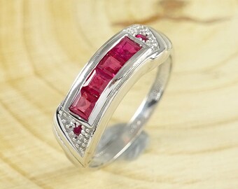 Natural Ruby Ring, Ruby Wedding Band Ring, Rhodium Over Silver, July Birthstone Ring, Precious Stone Ring, Eternity Band Ring, Gift For Mom