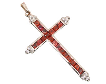 Red Garnet Christian Cross Pendant, Rhodium Over Silver, January Birthstone, Gift For Her, Religious Jewelry, Cross Charm Necklace