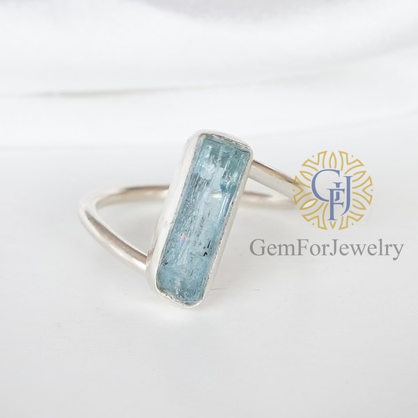 Anillo de aguamarina en bruto, anillo de aguamarina con forma de lápiz, anillo trenzado, joyería con piedra de nacimiento de marzo, anillo de plata hecho a mano, anillo único, regalo para ella