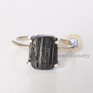 Raw Black Tourmaline Ring, Rough Stone Ring, Rhodium Over Silver, Handmade Jewelry, Crystal Ring, Tourmaline Ring, October Birthstone