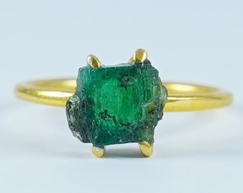 Raw Emerald Ring, Natural Zambian Emerald Rough, 14K Gold Plated Ring, 925 Sterling Silver, Handmade Silver Jewelry, Birthstone Gift Ring