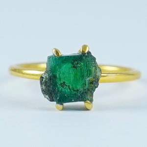 Raw Emerald Ring, Natural Zambian Emerald Rough, 14K Gold Plated Ring, 925 Sterling Silver, Handmade Silver Jewelry, Birthstone Gift Ring