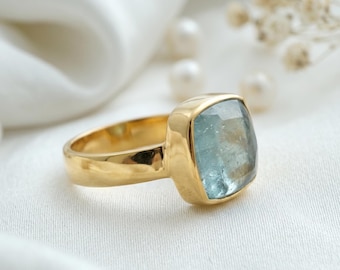 Aquamarine Gold Ring, 14K Gold Platting Ring, Handmade Crystal Jewelry, Rough Gemstone Ring, March Birthstone Ring, Gift For Her