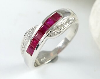 Natural Ruby Diamond Ring, Diamond Wedding Ring, Rhodium Over Silver, July Birthstone Ring, Precious Stone Ring, Half Eternity Band Ring