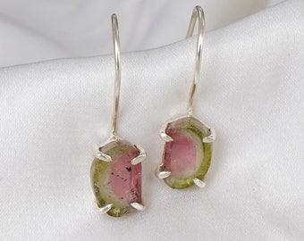 Tourmaline Slice Dangle Earring, Pink Green Bio Tourmaline, Polished Slice Earring, October Birthstone, Watermelon Tourmaline, Gift For Her