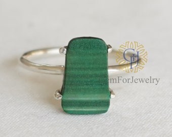 Raw Malachite Slice Ring, Silver Handmade Ring, Polished Slice Ring, Raw Stone Ring, Statement Ring, Crystal Birthstone Ring, Gifts For Her