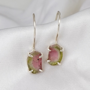 Tourmaline Slice Dangle Earring, Pink Green Bio Tourmaline, Polished Slice Earring, October Birthstone, Watermelon Tourmaline, Gift For Her