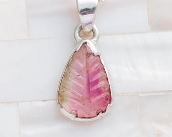 Watermeloen toermalijn blad hanger, handgesneden toermalijn hanger, roze groene toermalijn ketting hanger, oktober geboortesteen sieraden cadeau