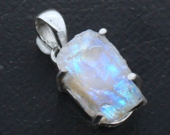 Ruwe blauwe maansteen hanger, natuurlijke regenboog maansteen kristallen sieraden, ruwe stenen hanger, sterling zilver, ruwe sieraden, cadeau voor haar