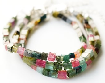 Multi Tourmaline Cube Bracelet, Watermelon Tourmaline Bracelet, Handmade Jewelry, 3mm Cube , Birthstone Jewelry, Christmas Gift, 1 Bracelet