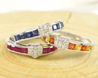 Natürlicher Saphir Diamant Ring, Rubin Ehering, Blauer Multi Saphir Ring, Herzform Liebesring, Edelsteinring, Eternity Band