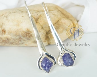 Raw Tanzanite Dangle Earrings, Natural Crystal Earrings, Unique Design Earrings, Raw Stone Jewelry, December Birthstone, Gift For Her