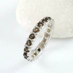 Smoky Quartz Full Eternity Ring, Rhodium Over Silver, Cyber Monday Sale, Eternity Band Ring, Gemstone Jewelry, , Gift For Mom